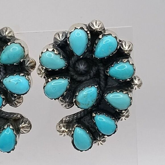Native American Sterling Silver Turquoise Cluster Nautilus Swirl Earrings - Picture 3 of 6